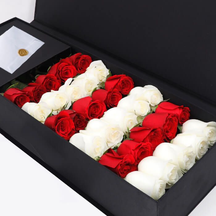 Red & White Roses in Black Box - Flower Delivery UAE