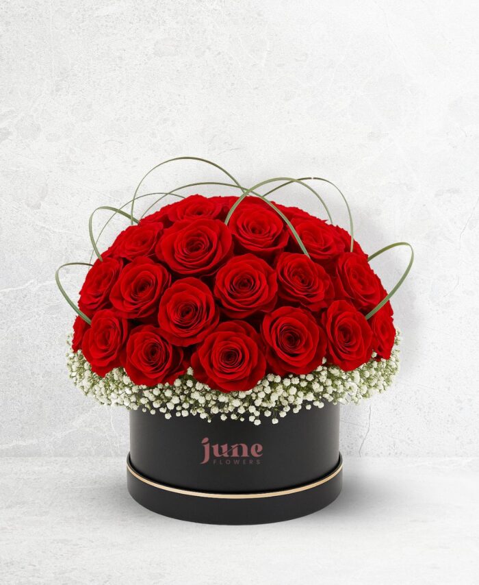 Box of Red Roses with steel grass