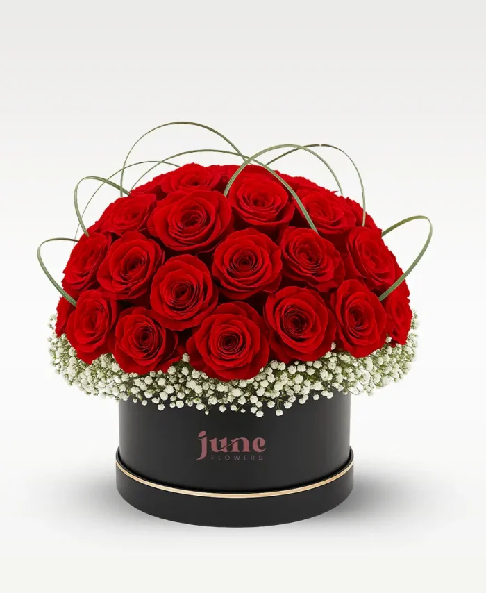 Box of Red Roses with steel grass